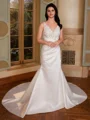 Sheath V-neck Appliques Lace Court Train Satin Wedding Dress