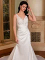 Sheath V-neck Appliques Lace Court Train Satin Wedding Dress