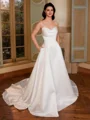 A-line Sweetheart Pleated Court Train Satin Corset Wedding Dress
