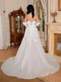 A-line Off-the-Shoulder Long Sleeves Appliques Lace Court Train Tulle Corset Wedding Dress