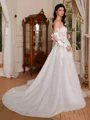 A-line Off-the-Shoulder Long Sleeves Appliques Lace Court Train Tulle Corset Wedding Dress