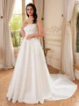 A-line Square Chapel Train Satin Corset Wedding Dress