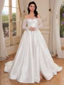 A-line Off-the-Shoulder Long Sleeves Appliques Lace Court Train Satin Corset Wedding Dress