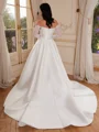A-line Off-the-Shoulder Long Sleeves Appliques Lace Court Train Satin Corset Wedding Dress