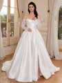 A-line Off-the-Shoulder Long Sleeves Appliques Lace Court Train Satin Corset Wedding Dress