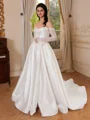 A-line Off-the-Shoulder Long Sleeves Appliques Lace Court Train Satin Corset Wedding Dress