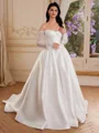 A-line Off-the-Shoulder Long Sleeves Appliques Lace Court Train Satin Corset Wedding Dress
