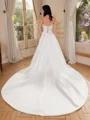 A-line Off-the-Shoulder Long Sleeves Appliques Lace Cathedral Train Satin Corset Wedding Dress