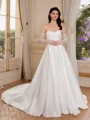 A-line Off-the-Shoulder Long Sleeves Appliques Lace Cathedral Train Satin Corset Wedding Dress