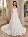 A-line Off-the-Shoulder Long Sleeves Appliques Lace Cathedral Train Satin Corset Wedding Dress