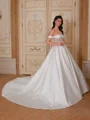 Ball-Gown Off-the-Shoulder Appliques Lace Cathedral Train Satin Corset Wedding Dress