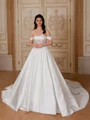 Ball-Gown Off-the-Shoulder Appliques Lace Cathedral Train Satin Corset Wedding Dress