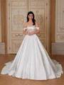 Ball-Gown Off-the-Shoulder Appliques Lace Cathedral Train Satin Corset Wedding Dress