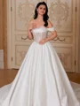 Ball-Gown Off-the-Shoulder Appliques Lace Cathedral Train Satin Corset Wedding Dress