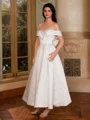 A-line Off-the-Shoulder Bow Tea-Length Satin Corset Wedding Dress