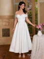 A-line Off-the-Shoulder Bow Tea-Length Satin Corset Wedding Dress