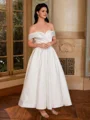 A-line Off-the-Shoulder Bow Tea-Length Satin Corset Wedding Dress