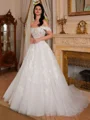 Ball-Gown Off-the-Shoulder Appliques Lace Court Train Tulle Corset Wedding Dress