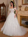 Ball-Gown Off-the-Shoulder Appliques Lace Court Train Tulle Corset Wedding Dress