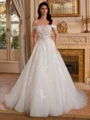 Ball-Gown Off-the-Shoulder Appliques Lace Court Train Tulle Corset Wedding Dress