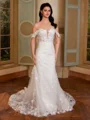 Sheath Off-the-Shoulder Appliques Lace Sweep Train Tulle Corset Wedding Dress