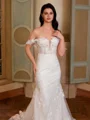 Sheath Off-the-Shoulder Appliques Lace Sweep Train Tulle Corset Wedding Dress