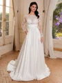 A-line Scoop Long Sleeves Bow Court Train Satin Wedding Dress