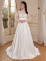 A-line Scoop Long Sleeves Bow Court Train Satin Wedding Dress