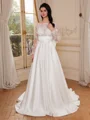 A-line Scoop Long Sleeves Bow Court Train Satin Wedding Dress