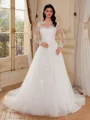 A-line Scoop Long Sleeves Appliques Lace Chapel Train Tulle Corset Wedding Dress