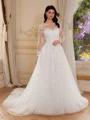 A-line Scoop Long Sleeves Appliques Lace Chapel Train Tulle Corset Wedding Dress