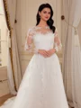 A-line Scoop Long Sleeves Appliques Lace Chapel Train Tulle Corset Wedding Dress