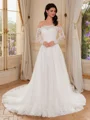 A-line Off-the-Shoulder Long Sleeves Appliques Lace Chapel Train Tulle Corset Wedding Dress