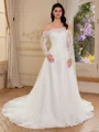 A-line Off-the-Shoulder Long Sleeves Appliques Lace Chapel Train Tulle Corset Wedding Dress