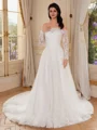 A-line Off-the-Shoulder Long Sleeves Appliques Lace Chapel Train Tulle Corset Wedding Dress