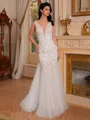 Sheath V-neck Appliques Lace Sweep Train Tulle Wedding Dress