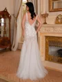 Sheath V-neck Appliques Lace Sweep Train Tulle Wedding Dress