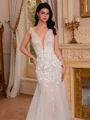 Sheath V-neck Appliques Lace Sweep Train Tulle Wedding Dress