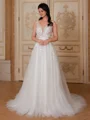 A-line V-neck Appliques Lace Court Train Tulle Wedding Dress