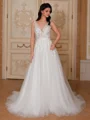 A-line V-neck Appliques Lace Court Train Tulle Wedding Dress