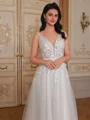 A-line V-neck Appliques Lace Court Train Tulle Wedding Dress