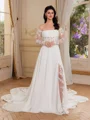 A-line Off-the-Shoulder Long Sleeves Appliques Lace Chapel Train Chiffon Corset Wedding Dress