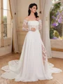 A-line Off-the-Shoulder Long Sleeves Appliques Lace Chapel Train Chiffon Corset Wedding Dress