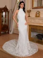 Sheath Halter Cathedral Train Lace Wedding Dress