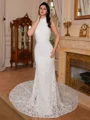Sheath Halter Cathedral Train Lace Wedding Dress