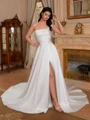 A-line Straight Pleated Chapel Train Satin Corset Wedding Dress