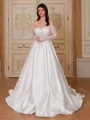 A-line Off-the-Shoulder Long Sleeves Appliques Lace Chapel Train Satin Corset Wedding Dress