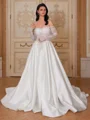 A-line Off-the-Shoulder Long Sleeves Appliques Lace Chapel Train Satin Corset Wedding Dress