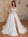 A-line Off-the-Shoulder Long Sleeves Appliques Lace Chapel Train Satin Corset Wedding Dress