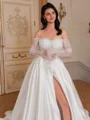 A-line Off-the-Shoulder Long Sleeves Appliques Lace Chapel Train Satin Corset Wedding Dress